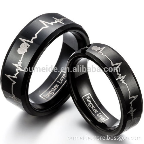 Matching His 8MM & Hers 6MM Comfort Fit Black Tungsten Carbide Engagement Wedding Bands Engraved Forever Love Heartbeat Promise